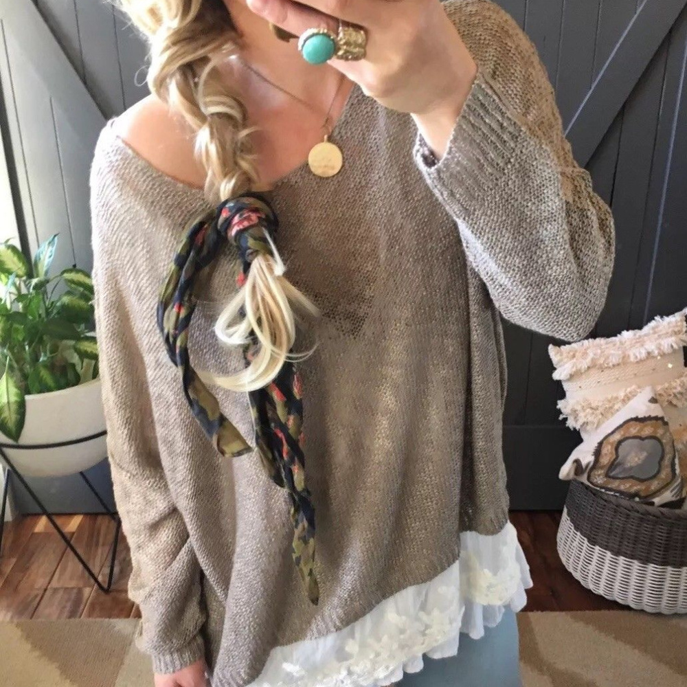 TAUPE LACE RUFFLE HEM BOHO PLUS SZ SWEATER TOP 3X